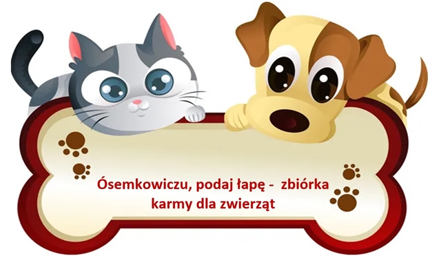 Animacyjny obrazek przedstawiający psa i kota informujący o zbiórce karmy dla zwierząt.