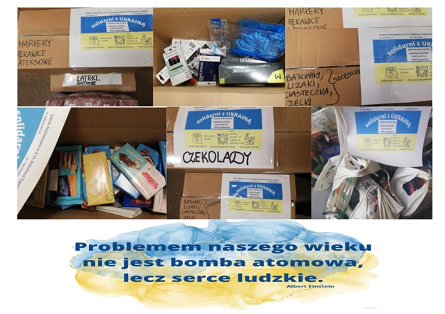 Kolaż zdjęć przedstawiający pudełka z darami zebranymi w ramach akcji charytatywnej ,,Solidarni z Ukrainą’’.