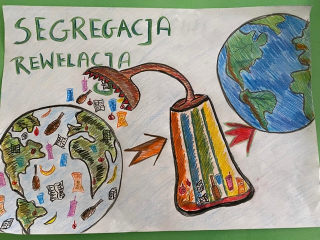 Plakat promujący segregację śmieci. Brudna, zaśmiecona kula ziemska za pomocą segregatora śmieci staje się czystą planetą. 