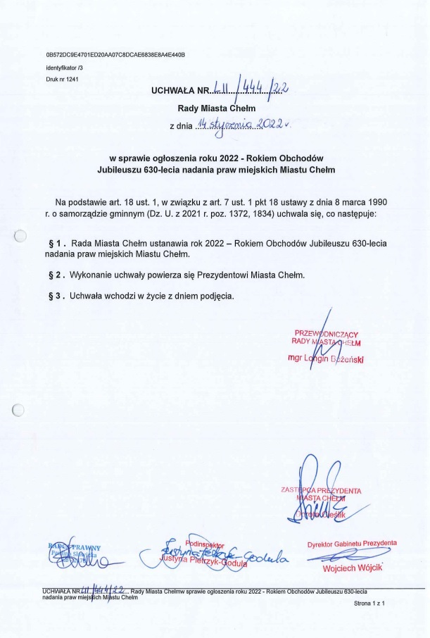 Skan uchwały Rady Miasta Chełm w sprawie ustanowienia roku 2022 - Rokiem Obchodów Jubileuszu 630 - lecia nadania miastu praw miejskich.