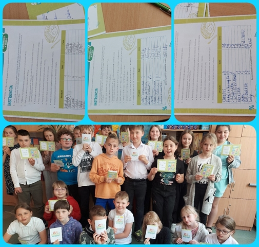 Kolaż zdjęć z kartami pracy uzupełnionymi przez dzieci oraz grupą uczniów prezentujących swoje zaświadczenia potwierdzające ukończenie projektu.