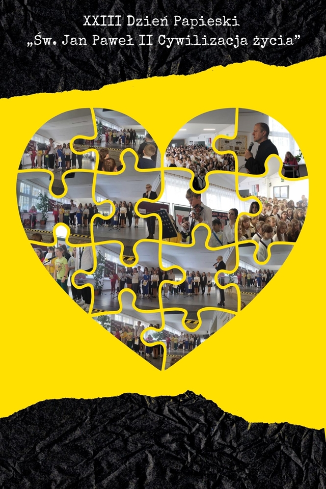 Grafika przedstawia serce złożone z puzzli, na których znajdują się zdjęcia przedstawiające uczestników XXIII Dnia Papieskiego.