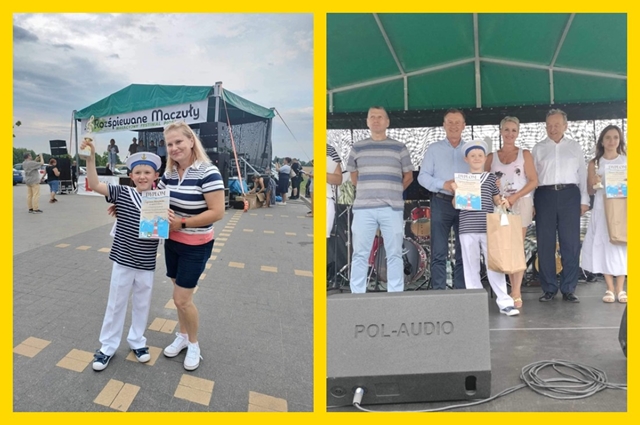 Dwa zdjęcia z Powiatowego Festiwalu Piosenki Żeglarskiej przedstawiające naszego laureata .