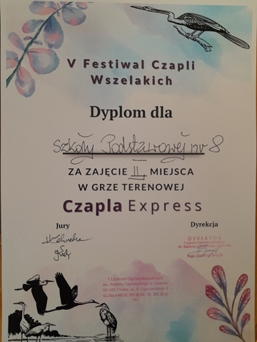 Dyplom za zajęcie II miejsca w grze terenowej „ Czapla Express”.