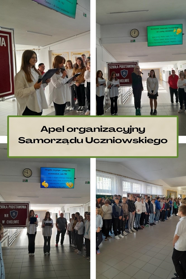 Kolaż zdjęć przedstawia uczniów oraz ich opiekunów podczas apelu organizacyjnego Samorządu Uczniowskiego.