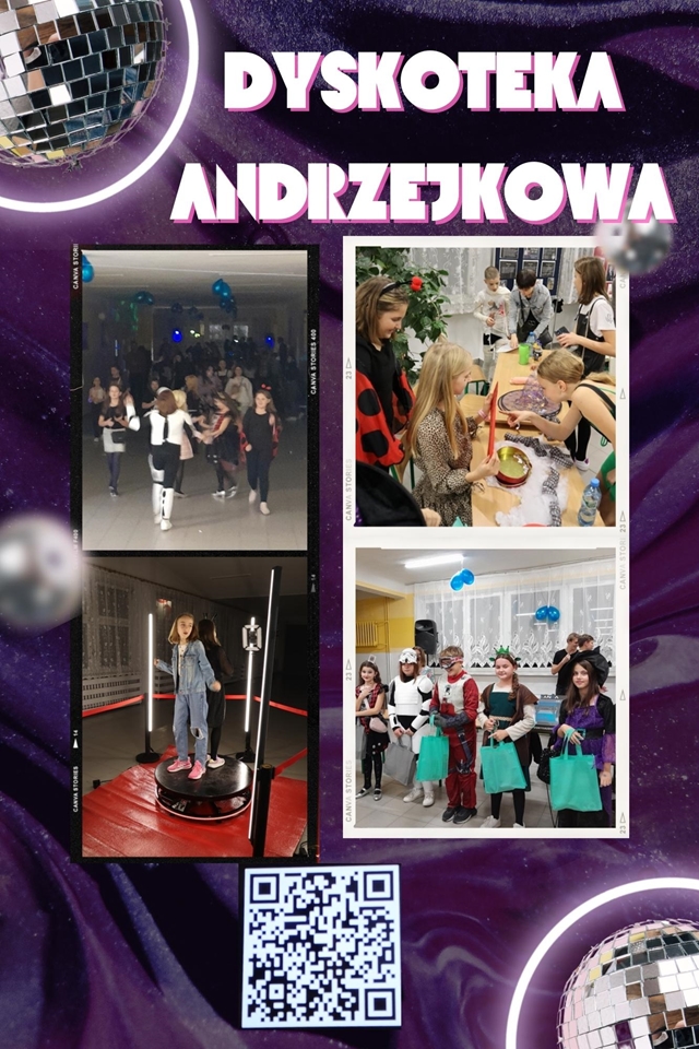 Kolaż zdjęć przedstawiający uczniów podczas dyskoteki z okazji andrzejek.