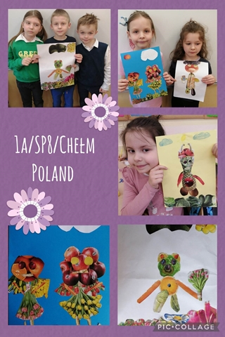 Zdjęcie przedstawia kolaż zdjęć przedstawiających uczniów i ich prace plastyczne wykonane z elementów wyciętych z gazet.