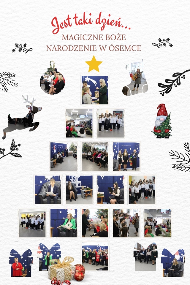 Kolaż zdjęć przedstawiający niezwykłe szkolne wydarzenie “Magiczne Boże Narodzenie”.