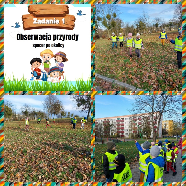 Klasa w terenie – realizacja ogólnopolskiego projektu edukacyjnego 1B. Na zdjęciach widzimy uczniów obserwujących przyrodę i spacerujących przy szkole i w parku.