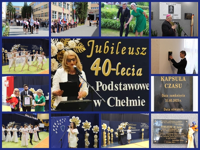 Kolaż zdjęć z Jubileuszu 40-lecia Szkoły Podstawowej nr 8 w Chełmie. 