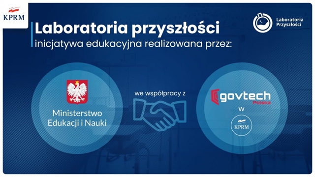 Zdjęcie przedstawia plakat dotyczący tworzenia laboratoriów przyszłości przez Ministerstwo Edukacji i Nauki we współpracy z govtech Polska.