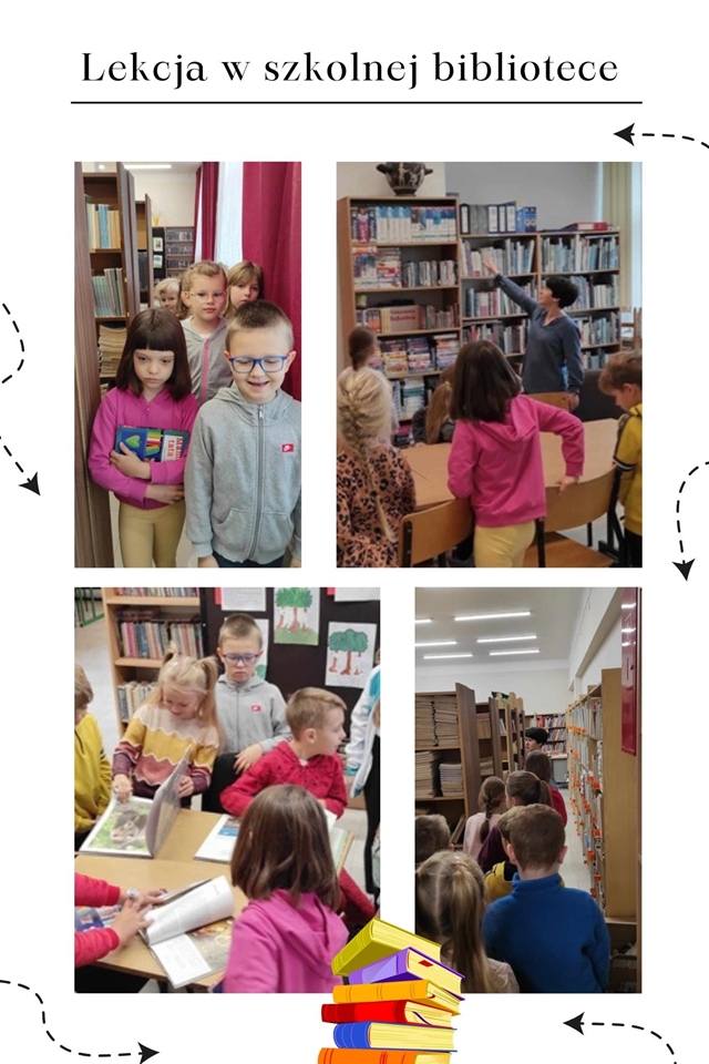 Grafika przedstawiająca zdjęcia uczniów w bibliotece szkolnej.