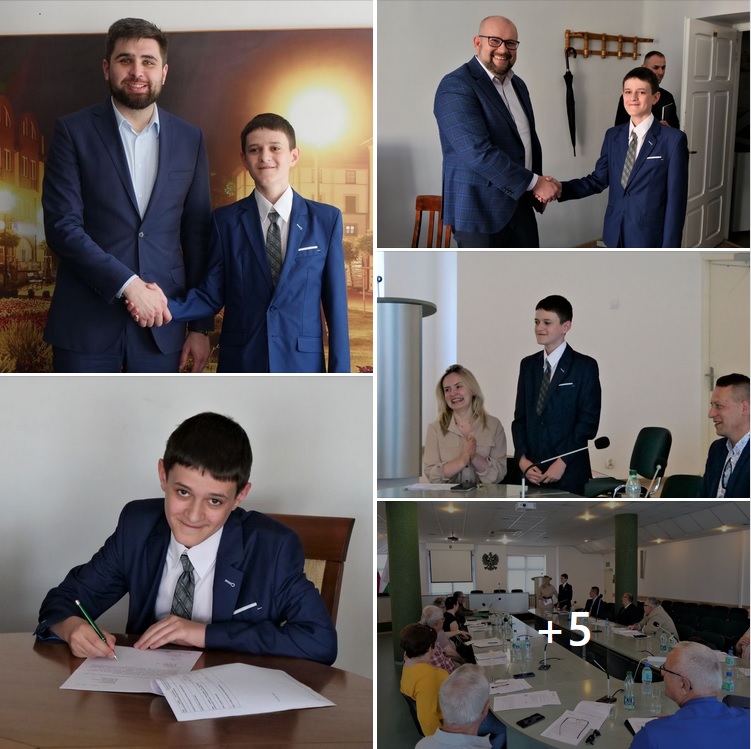 Kolaż zdjęć przedstawiających  relację z dnia naszego ucznia, który jako zwycięzca konkursu z okazji Dnia Dziecka wcielił się w rolę Prezydenta Miasta Chełm. 