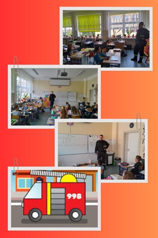 Na lekcje do klasy II b przybył strażak, by opowiedzieć dzieciom o swojej pracy. Na zdjęciach widać strażaka w sali lekcyjnej, dzieci w ławkach oraz plakat wozu strażackiego z numerem telefonu do straży pożarnej.