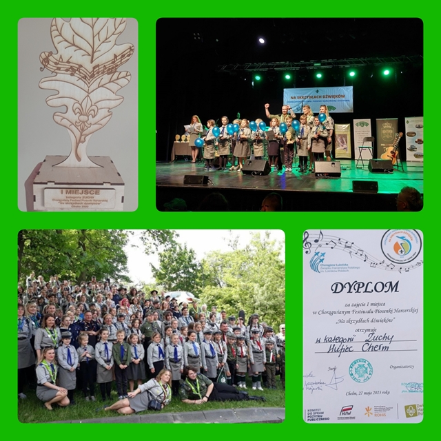 Hufiec Chełm w kategorii Zuchy wywalczył I miejsce na Festiwalu Piosenki Harcerskiej. Widzimy drużynę Zuchów na scenie odbierającą nagrodę, dyplom oraz statuetkę. 