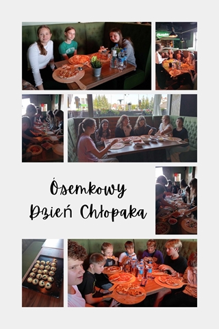 Relacja fotograficzna przedstawiająca wyjście klasy do restauracji w ramach Dnia Chłopaka. Na zdjęciach uczniowie przygotowujący pizzę oraz konsumujący przygotowaną przez siebie potrawę.