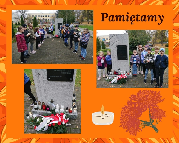 Kolaż zdjęć uczniów przy pomniku upamiętniającym jeńców Stalagu 319. Dzieci złożyły wiązankę kwiatów i zapaliły znicze.