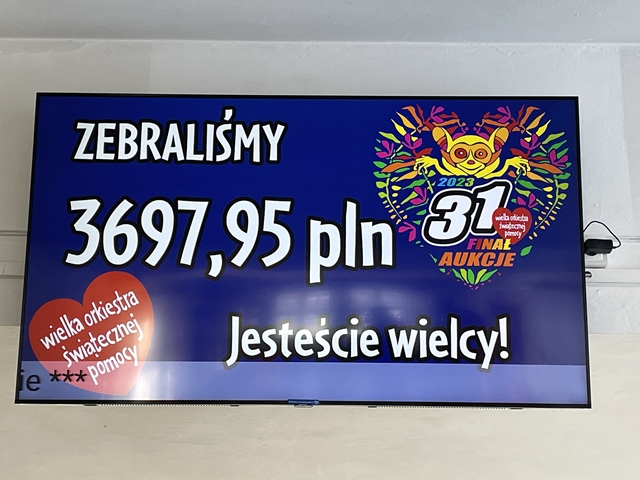 Zdjęcie przedstawia podziękowania dla Wszystkich, którzy przyłączyli się do zbiórki oraz kwotę zebrana podczas Wielkiej Orkiestry Świątecznej pomocy.