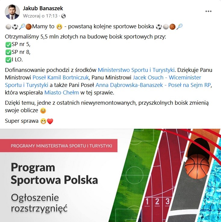 Potwierdzenie przez Prezydenta Miasta Chełm otrzymania pieniędzy na powstanie sportowego boiska przy trzech chełmskich szkołach w ramach programu Sportowa Polska. Wśród szkół objętych projektem SP nr 8 w Chełmie.