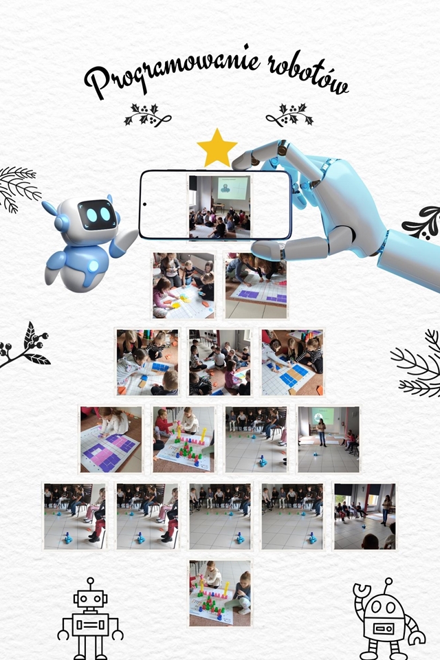 Kolaż zdjęć przedstawiających programowanie robotów.