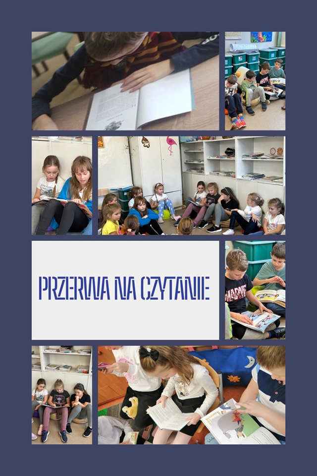 Uczniowie podczas akcji czytelniczej “Przerwa na czytanie”.