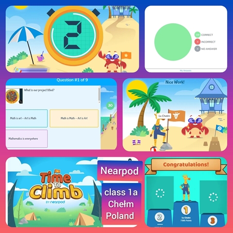 Kolaż animacyjnych zdjęć prezentujący zadania z platformy edukacyjnej Nearpod.