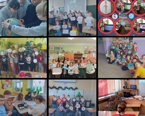 Kolaż zdjęć przedstawia uczniów uczestniczących w zajęciach projektowych “Na ratunek dzieciom z Rogu Afryki”.