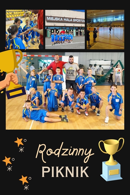 Kolaż zdjęć przedstawiających uczniów w strojach sportowych i ich opiekunów podczas Pikniku Rodzinnego. Uczniowie prezentują swoje medale.