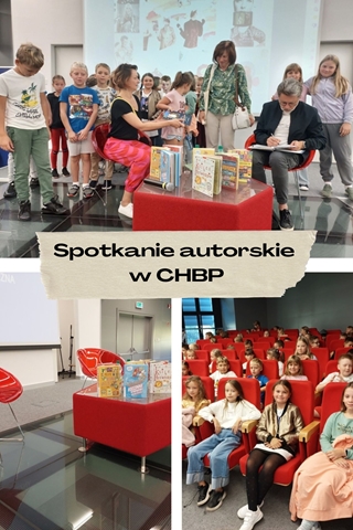Uczniowie wraz z nauczycielką wybrali się na spotkanie autorskie do Chełmskiej Biblioteki Publicznej. Na zdjęciu autor dający autograf w książce oraz grupa zadowolonych uczniów słuchających prezentacji.
