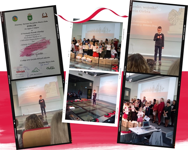 Kolaż zdjęć przedstawiających laureata konkursu na IX Festiwalu Piosenki Ułańskiej oraz jego dyplom. Dwa ujęcia to fotografie uczestników festiwalu z dyplomami i nagrodami rzeczowymi.