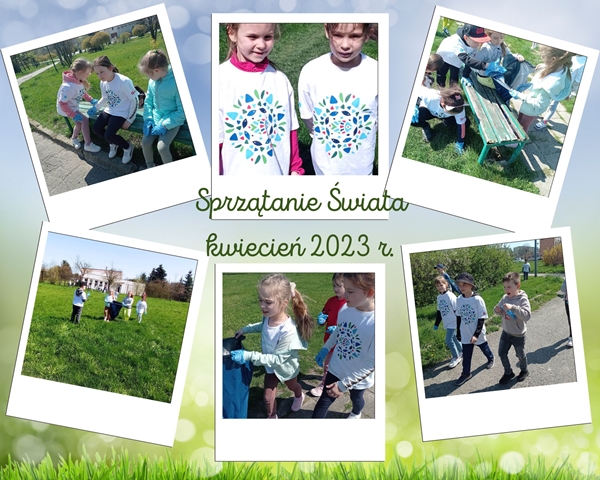 Kolaż zdjęć przedstawiający dzieci w czasie sprzątania parku.