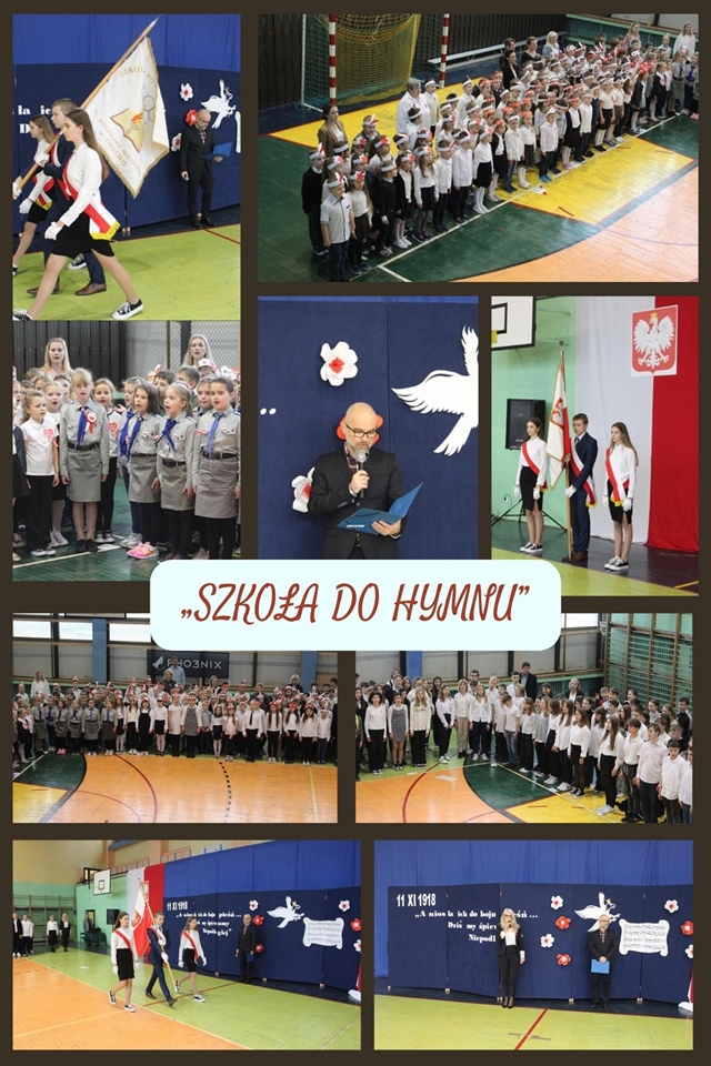 Uroczysta akademia z okazji rocznicy odzyskania przez Polskę niepodległości. Kolaż zdjęć przedstawiający uroczystość szkolną. Na fotografiach  Pani Dyrektor, uczniowie oraz poczet sztandarowy szkoły.