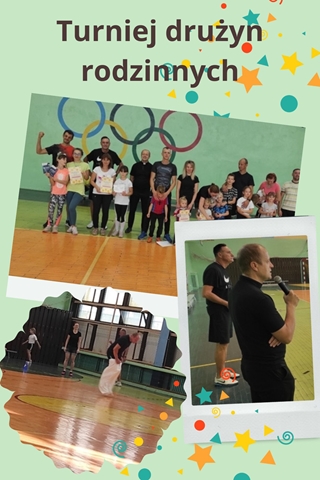 Relacja fotograficzna z turnieju drużyn rodzinnych. Na zdjęciach uczestnicy podczas zmagań sportowych.