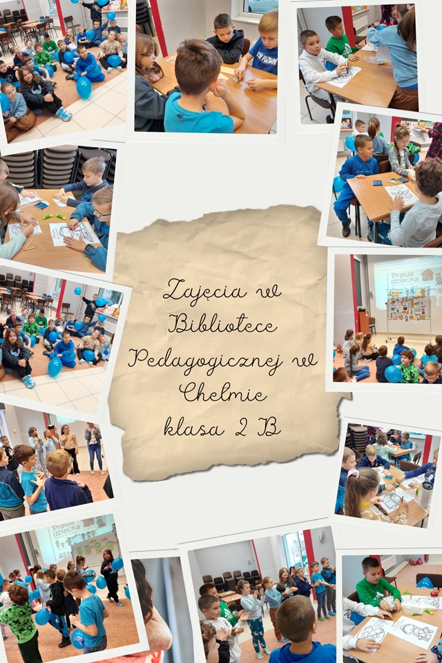 Uczniowie klasy 2b podczas zajęć edukacyjnych w Bibliotece Pedagogicznej w Chełmie.