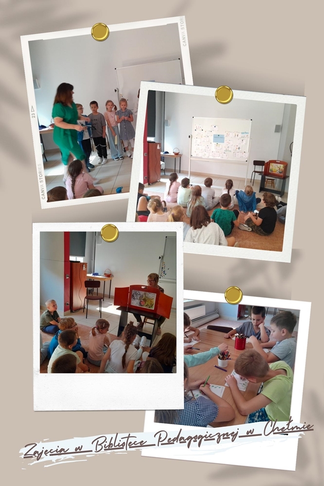 Grafika przedstawiająca zdjęcia uczniów wykonujących zadania oraz organizatorów podczas zajęć w Bibliotece Pedagogicznej w Chełmie.