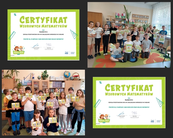 Grupa dzieci z klasy III A i III C uczestniczyła w projekcie edukacyjnym „Natalka i Antek w świecie wielkiej matematyki”. Dzieci na zakończenie projektu uzyskały certyfikaty wzorowych matematyków. 
