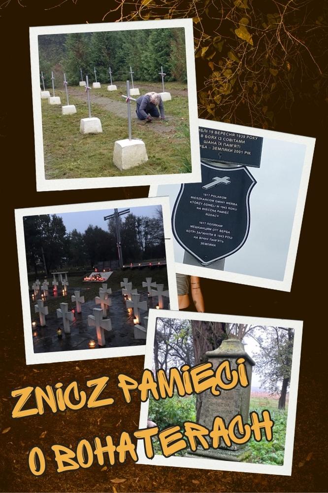 Kolaż zdjęć przedstawiających nagrobki polskich żołnierzy w ramach akcji „Znicz pamięci o bohaterach”.