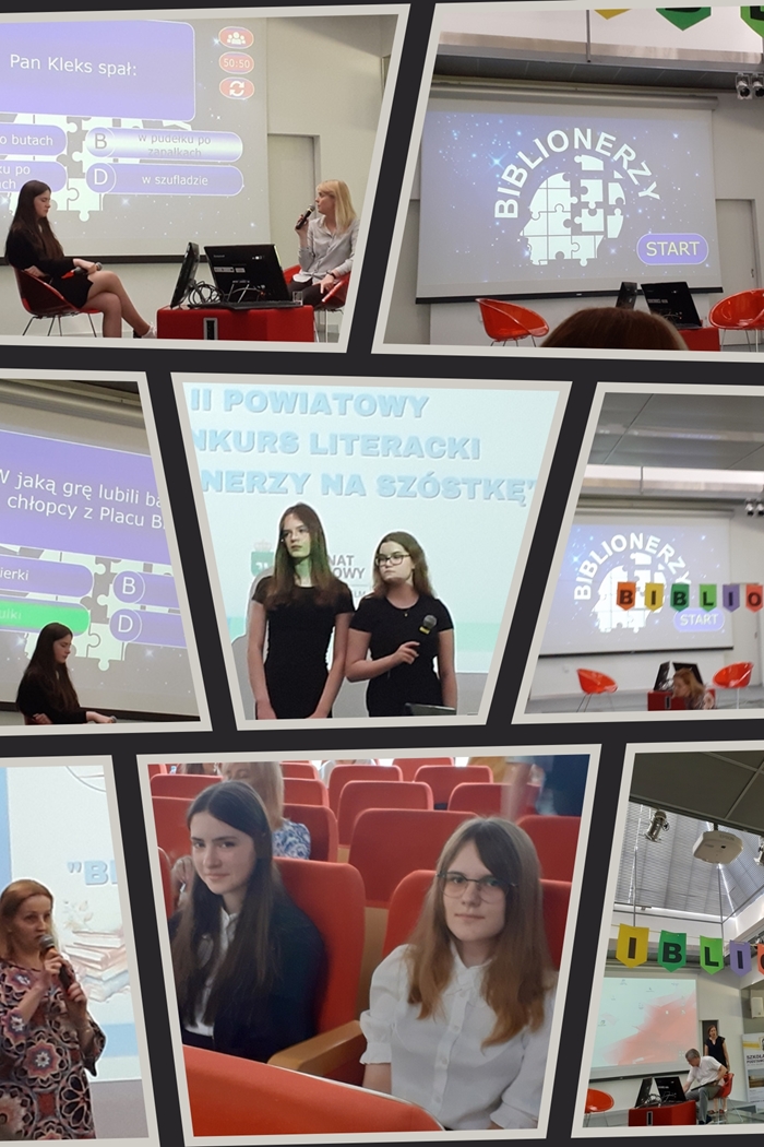 Kolaż zdjęć przedstawia uczestniczki II etapu powiatowego konkursu literackiego “Biblionerzy na szóstkę”.