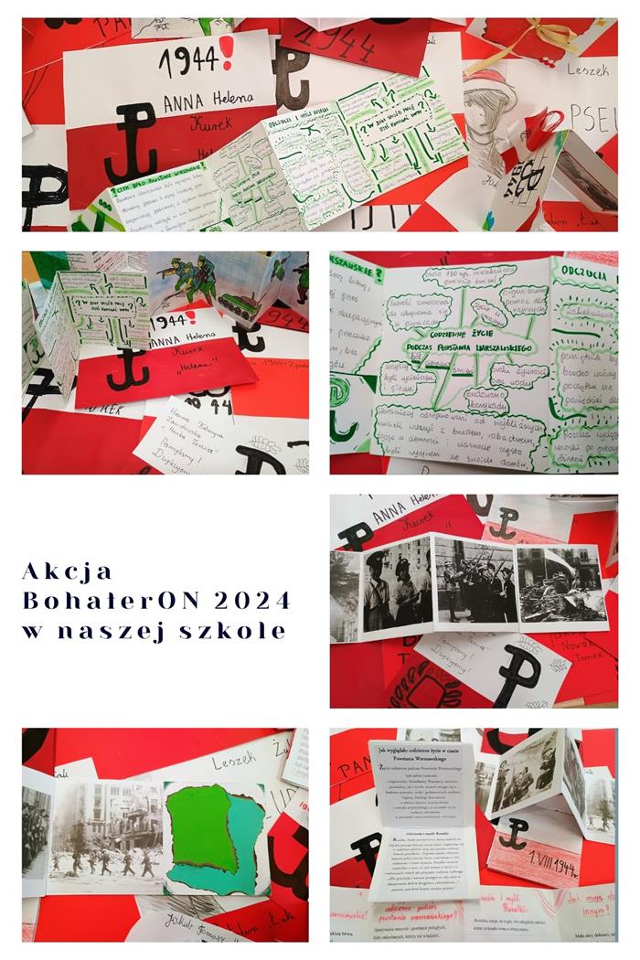 Kolaż zdjęć obrazuje wydarzenia powstańcze, karty upamiętniające powstańców oraz tablicę pamięci Bohaterów. W środkowej części kolażu znajduje się napis: Akcja BohaterON 2024 w naszej szkole.