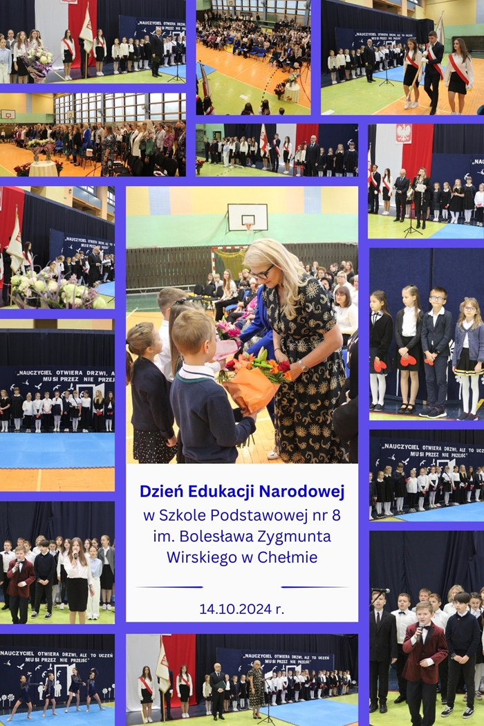 Kolaż zdjęć ukazujący uczniów i nauczycieli Szkoły Podstawowej nr 8 im. B. Z. Wirskiego na akademii z okazji Dnia Edukacji Narodowej. Uczniowie prezentują montaż słowno-muzyczny. 