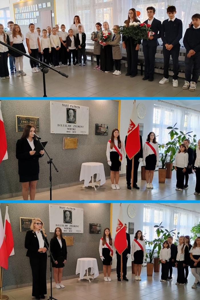 Zdjęcia ukazujące Panią Dyrektor i uczniów Szkoły Podstawowej nr 8 podczas uroczystości  upamiętniającej patrona szkoły - Bolesława Zygmunta Wirskiego. W tle widnieje tablica kamienna z podobizną patrona. 