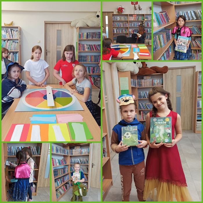 Kolaż zdjęć przedstawia uczniów podczas gier i zabawach w Dniu Postaci z Bajek, który odbył się w szkolnej bibliotece.