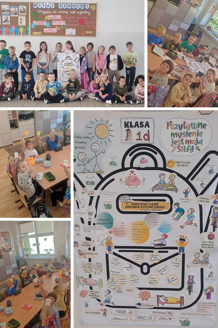 Na zdjęciach uczniowie klasy I D wykonują plakat na temat: Dzień Zdrowia Psychicznego.