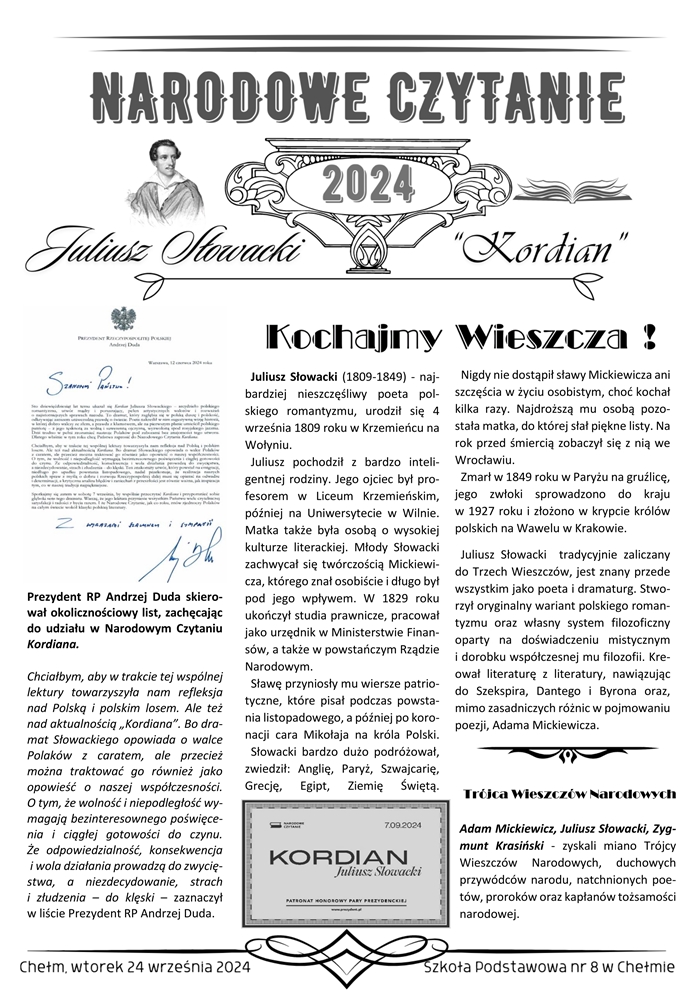 Zdjęcie przedstawia kompozycję przypominającą artykuł z gazety. Widnieje na nim list Prezydenta RP Andrzeja Dudy zachęcający do udziału w Narodowym Czytaniu “Kordiana”, a także informacje o Juliuszu Słowackim i Trójcy Wieszczów Narodowych.