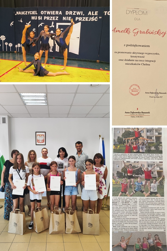 Kolaż zdjęć oraz wycinków z prasy lokalnej ukazujący uczennice prezentujące swoje umiejętności taneczno-akrobatyczne. Na jednym ze zdjęć widnieją uczennice z dyplomami i nagrodami, dziewczętom towarzyszą ich opiekunowie.