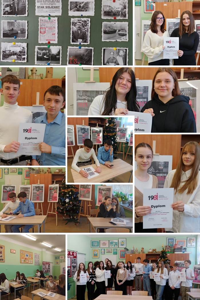 Kolaż zdjęć ukazujący uczniów biorących udział w  grze edukacyjnej „Wspomnienie stanu wojennego”. Na zdjęciach uczniowie klas starszych rozwiązują zadania konkursowe ukryte pod kodami QR. Jedno zdjęcie ukazuje tablice ze zdjęciami przypominającymi o tragicznych wydarzeniach okresu PRL. Niektóre ujęcia przedstawiają uczniów z dyplomami.
