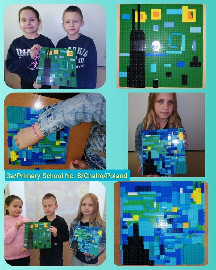 Uczniowie dzięki  zajęciom eTwinning poznali biografię Vincenta van Gogha i jego twórczość. Na przedstawionych zdjęciach uczniów klas III trzymających makiety „Gwiaździstej nocy” stworzone z klocków Lego.
