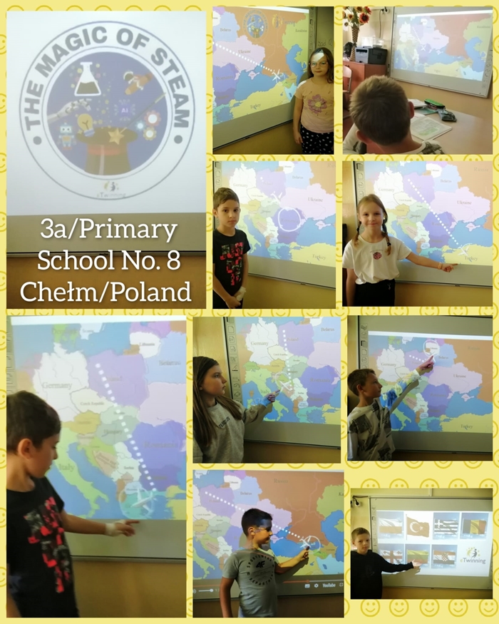 Kolaż zdjęć ukazujących uczniów klasy III A biorących udział w międzynarodowym projekcie “The Magic of STEAM” we współpracy z placówkami edukacyjnymi z Europy za pośrednictwem platformy ESEP w ramach Klasy Patronackiej eTwinning.