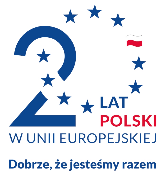 Zdjęcie ukazuje plakat, na którym jest umieszczona liczba dwadzieścia - numer zero został przedstawiony w kształcie niebieskich gwiazd - symbol Unii Europejskiej  oraz Polska biało-czerwona flaga. Plakat zachęca do wzięcia udziału w konkursie z okazji Prezydencji Polski w Radzie Unii Europejskiej.