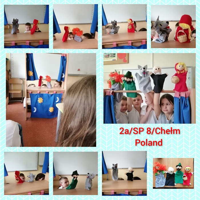 Zdjęcia przedstawiające uczniów podczas przedstawienia kukiełkowego „Czerwony Kapturek” w ramach projektu eTwinning Fun Days at School.